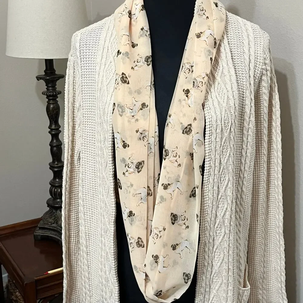 Puppy Dog Infinity Scarf ( Pug) Cream Brown Sheer‎ Lightweight Cute
